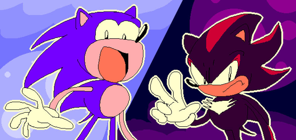 Sonic with a big smile next to Shadow holding up two fingers.